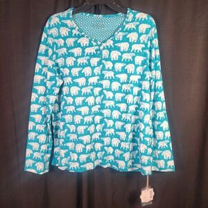 Sleep Sense Womens Polar Bear Henley Pajama Top Teal Capri Breeze Cotton L NWT